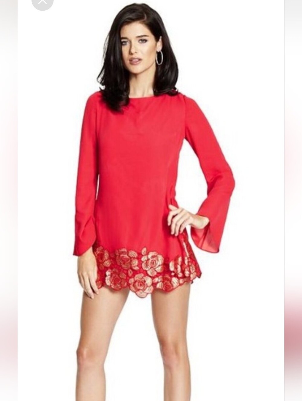 MARCIANO Red gold embroidered long bell mesh sleeves mini dress/tunic